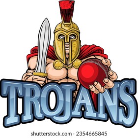 A Spartan or Trojan warrior Cricket sports mascot holding a ball