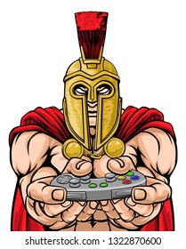 A Spartan or Trojan warrior or gladiator gamer mascot with video games controller 