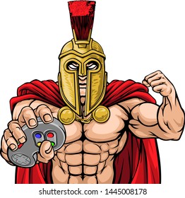 A Spartan or Trojan warrior or gladiator gamer mascot with video games controller 