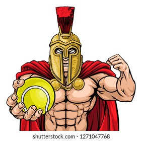 A Spartan or Trojan warrior Tennis sports mascot holding a ball