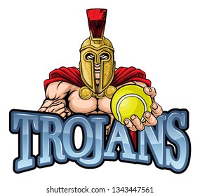 A Spartan or Trojan warrior Tennis sports mascot holding a ball