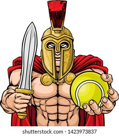 A Spartan or Trojan warrior Tennis sports mascot holding a ball