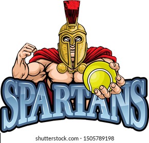 A Spartan or Trojan warrior Tennis sports mascot holding a ball