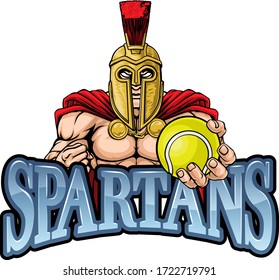 A Spartan or Trojan warrior Tennis sports mascot holding a ball