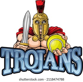 A Spartan or Trojan warrior Tennis sports mascot holding a ball