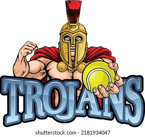 A Spartan or Trojan warrior Tennis sports mascot holding a ball