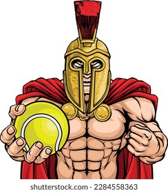 A Spartan or Trojan warrior Tennis sports mascot holding a ball