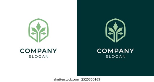 Spartan warior helmet Nature leaf logo design template