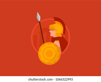 Spartan warrior character in armor and red cape with spear. Greek soldier vector flat illustration.