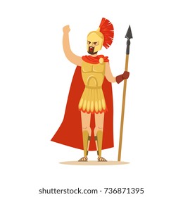 Spartan warrior character in armor and red cape with spear raised up clenched fist, Greek soldier vector Illustration