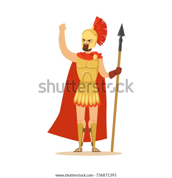 武具のスパルタの戦士のキャラクターと 拳を固めて上げた槍を持つ赤いケープ ギリシャの歩兵ベクターイラスト のベクター画像素材 ロイヤリティフリー
