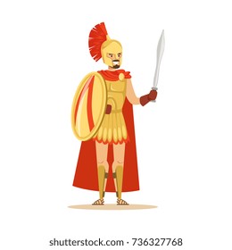 Spartan warrior character in golden armor and red cape with shield and sword, Greek soldier vector Illustration