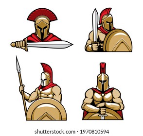 Spartan warrior character mascots cartoon vector. Greec hoplites standing with bronze shield, wearing red cape and faced helmet with corinthian and tranverse crests, armed xiphos sword and spear