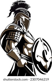 A Spartan warrior, clad in bronze armor, stands tall and resolute. With a fierce gaze, they hold a shield and spear, ready for battle. A crimson cape billows behind, symbolizing their loyalty. 