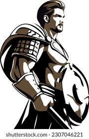 A Spartan warrior, clad in bronze armor, stands tall and resolute. With a fierce gaze, they hold a shield and spear, ready for battle. A crimson cape billows behind, symbolizing their loyalty. 