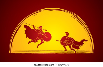 Spartan warrior fighting with a spear designed on moonlight background graphic vector.