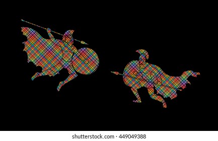 Spartan warrior fighting with a spear designed using colorful pixels graphic vector.