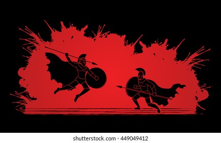 Spartan warrior fighting with a spear designed on splatter blood background graphic vector.