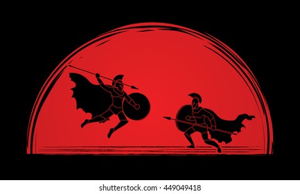 Spartan warrior fighting with a spear designed on sunset background graphic vector.