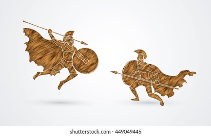 Spartan warrior fighting with a spear designed using golden grunge brush graphic vector.