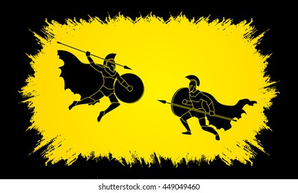 Spartan warrior fighting with a spear designed on grunge frame background graphic vector.