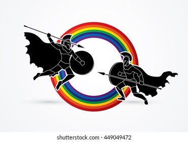 Spartan warrior fighting with a spear designed on line rainbows background graphic vector.