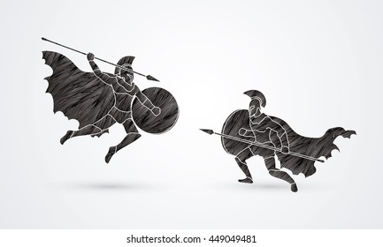 Spartan warrior fighting with a spear designed using black grunge brush graphic vector.