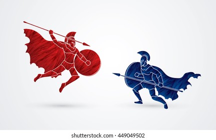Spartan warrior fighting with a spear designed using red and blue grunge brush graphic vector.