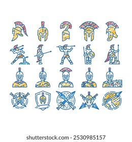 Iconos del doodle del casco del guerrero espartano Vector de la línea del bosquejo Arte romano Sparta, armadura de batalla, soldado gladiador, antigüedad griega, centurión de la cabeza, caballero Spartan Ilustraciones de color del casco del guerrero