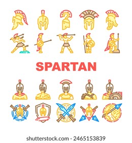 spartan warrior helmet icons set vector. roman sparta, battle armor, gladiator soldier, greek ancient, head centurion, knight spartan warrior helmet color line illustrations