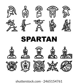 spartan warrior helmet icons set vector. roman sparta, battle armor, gladiator soldier, greek ancient, head centurion, knight spartan warrior helmet black contour illustrations