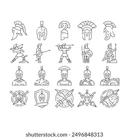 Iconos de casco de guerrero espartano Vector de conjunto. esparta romana, armadura de batalla, soldado gladiador, antigüedad griega, centurión de cabeza, caballero casco de guerrero espartano ilustraciones de contorno negro