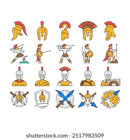 spartan warrior helmet icons set vector. roman sparta, battle armor, gladiator soldier, greek ancient, head centurion, knight spartan warrior helmet color Contour Illustrations