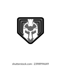 Spartan warrior helmet logo. Spartan helmet logo, Spartan shield and helmet vector illustration, Spartan Greek gladiator armor flat vector icon.