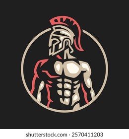 Spartan warrior in a helmet on a dark background.