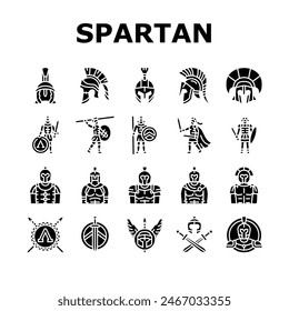 spartan warrior helmet roman icons set vector. soldier sparta, battle armor, gladiator head, greek ancient, knight spartan warrior helmet roman glyph pictogram Illustrations