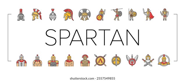 spartan warrior helmet roman icons set vector. soldier sparta, battle armor, gladiator head, greek ancient, knight spartan warrior helmet roman color line illustrations