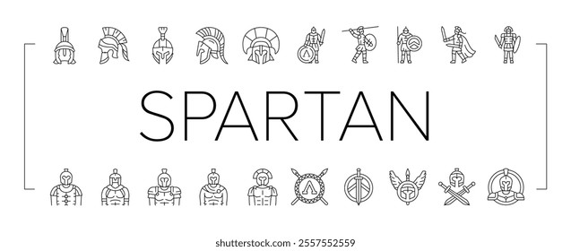 spartan warrior helmet roman icons set vector. soldier sparta, battle armor, gladiator head, greek ancient, knight spartan warrior helmet roman black contour illustrations