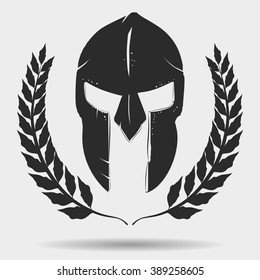 Spartan Warrior Helmet, Silhouette With Laurel Wreath,  Knight Helmet, Gladiator Helmet Icon. Vector Trojan Helmet