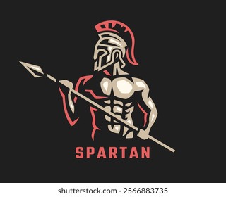 Spartan warrior with helmet and spear on a dark background.