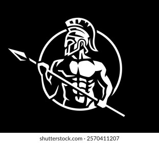 Spartan warrior with helmet and spear on a dark background.