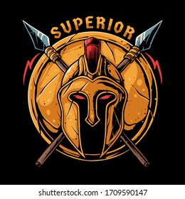 Spartan warrior helmet with spear and shield. Superior illustration for t-shirt design, sticker, or poster