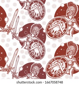 Spartan warrior holding sword and shield. Seamless pattern. Packing old paper, scrapbooking style. Vintage background. Medieval manuscript, engraving art. Legionary of ancient Rome 