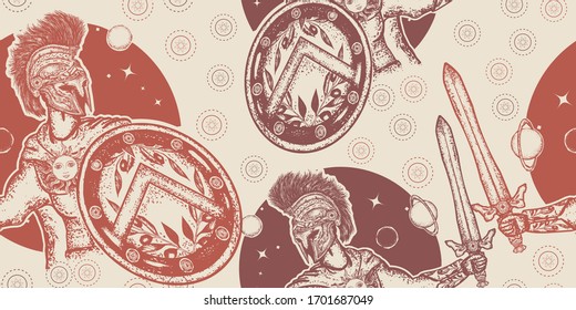 Spartan warrior holding sword and shield. Seamless pattern. Packing old paper, scrapbooking style. Vintage background. Medieval manuscript, engraving art. Legionary of ancient Rome 