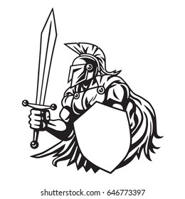Spartan Warrior Logo Black and White Line Drawing Vector 