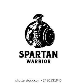 Spartan Warrior Logo Design Template. Illustration of Spartan Warrior Holding a Shield on White Background.	
