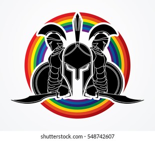 Spartan warrior pose designed on line rainbows background  graphic vector.