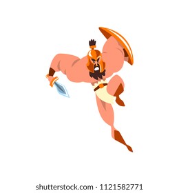 Spartan warrior in red cape fighting with sword and shield vector Illustration on a white background