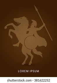 Spartan warrior riders with a spear designed using dots pixels graphic vector.
