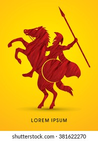 Spartan warrior riders with a spear designed using red grunge brush graphic vector.